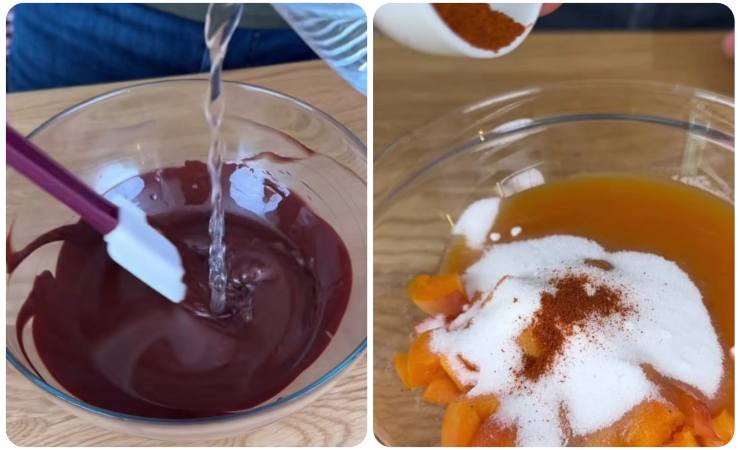 cioccolato con acqua in contenitore- contenitore con albicocche, zucchero, peperoncino
