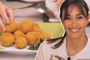 Benedetta Parodi e nello sfondo polpette di pesce