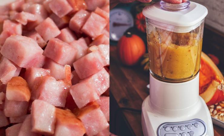 prosciutto a cubetti, zucca in frullatore