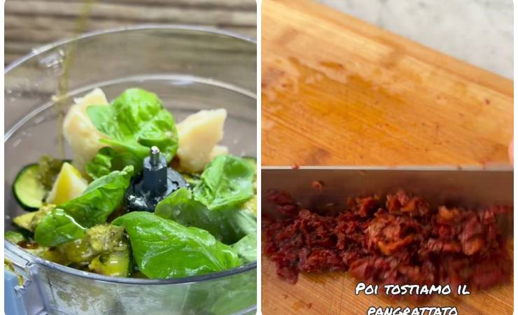 basilico, zucchine e parmigiano in frullatore, pomodori secchi