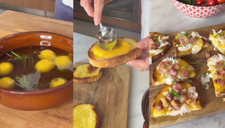 Preparazione delle bruschette alla carbonara