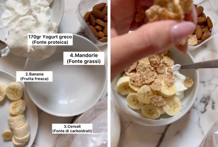 collage con ciotole di mandorle, yogurt, cereali, banana