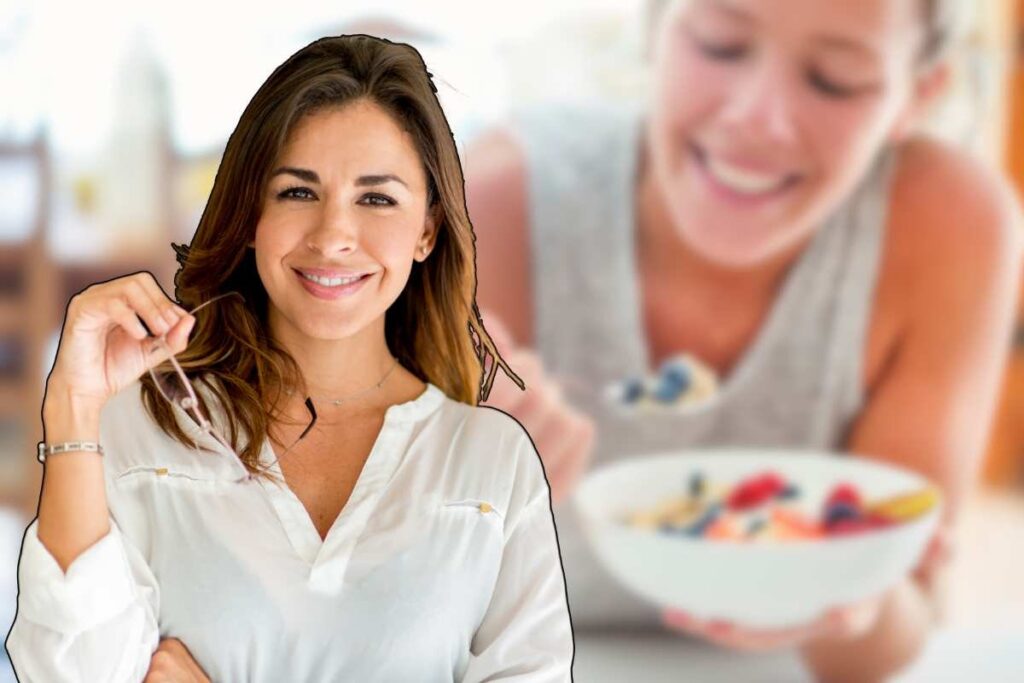 collage donna in primo piano e ragazza che mangia
