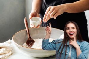 donna con idea e donna che prepara impasto