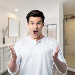 uomo in primo piano e bagno sullo sfondo