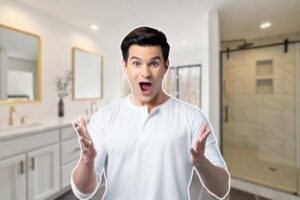 uomo in primo piano e bagno sullo sfondo