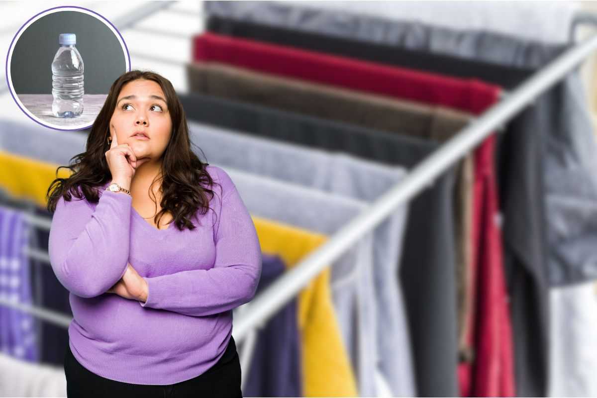 bucato su stendino, donna che pensa e bottiglia in icona